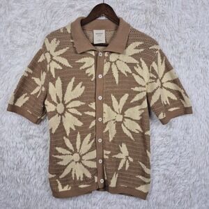 Massive Luxury Mens Tan Cream Floral Knit Button Up Short Sleeve Polo Shirt M
